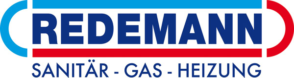"REDEMANN-Logo, blau und rot, mit Schriftzug: SANITÄR - GAS - HEIZUNG, umrahmt von blauer und roter Linie."